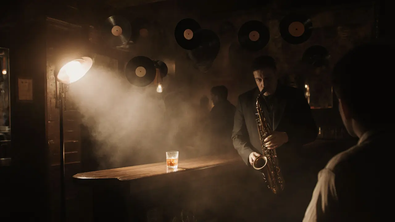Cozy jazz bar interior with smoky ambiance and a saxophonist playing under dim light.