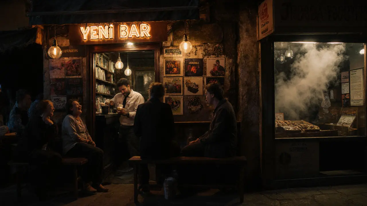 Cozy Kadıköy dive bar at 2 a.m. with patrons laughing and bakery steam in background.