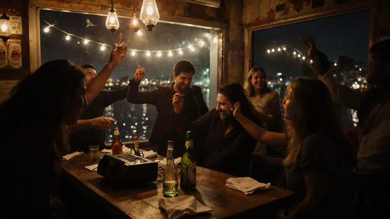 Cozy late-night party in a kebab shop turned dance spot, locals dancing around tables with vinyl player.