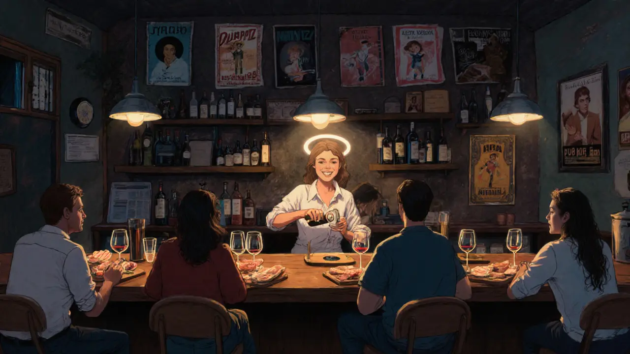 Cozy neighborhood bar with wooden counter, wine glasses, and warm lighting.