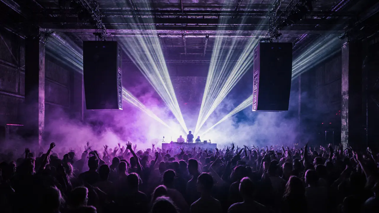 Crowd dancing in a dark, energetic warehouse club with dramatic colored lights.
