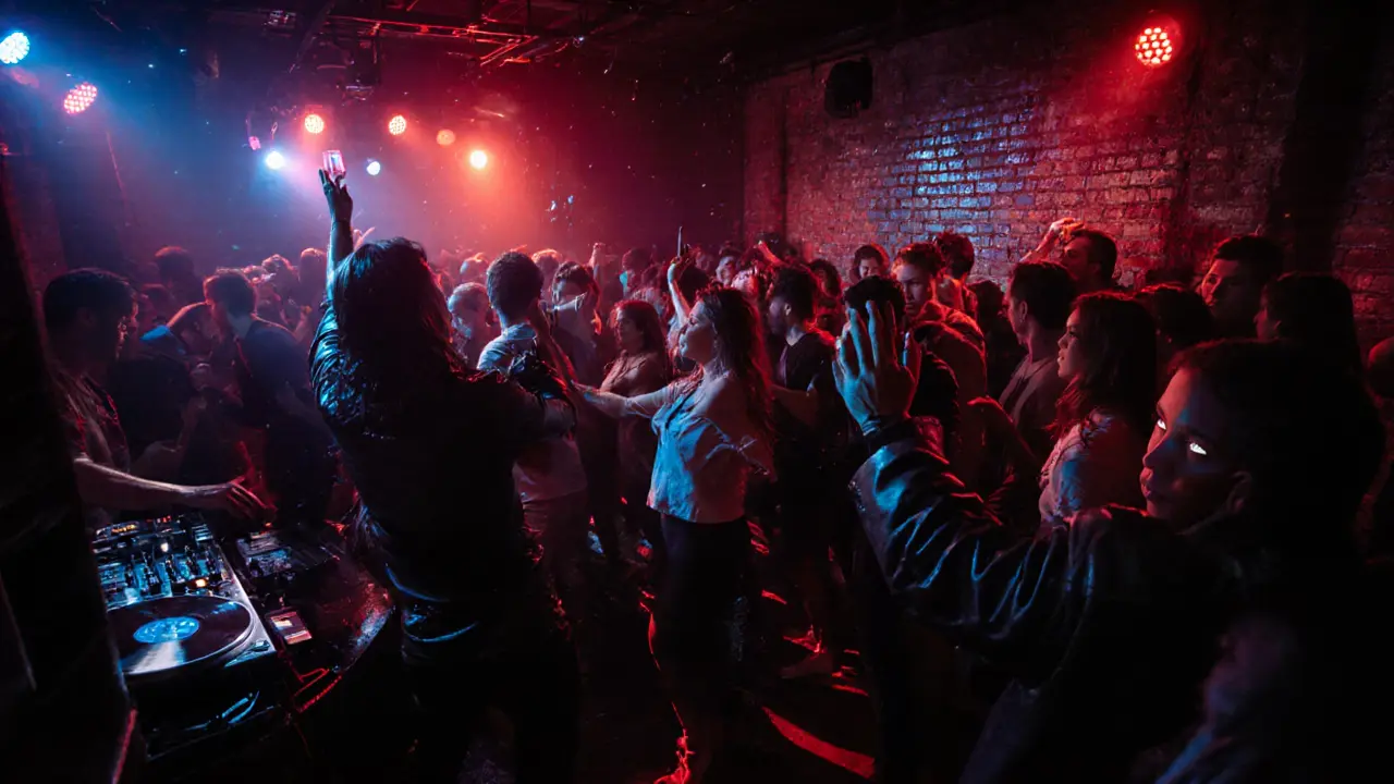 Crowd dancing in Alcatraz nightclub, industrial setting with vivid strobe lights and no phones visible.