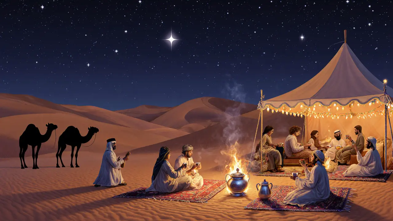 Desert night market under stars with firelight, oud music, and Emirati coffee served in silver pots.