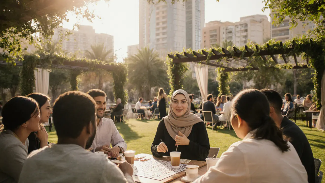 Diverse people socialize in a sunny garden at Abu Dhabi’s Cultural Foundation.