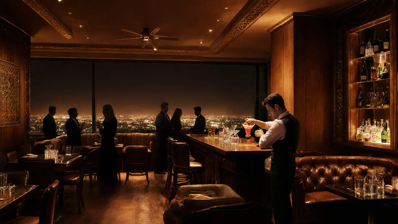 Elegant bar interior with a bartender crafting a cardamom cocktail in warm, low lighting.