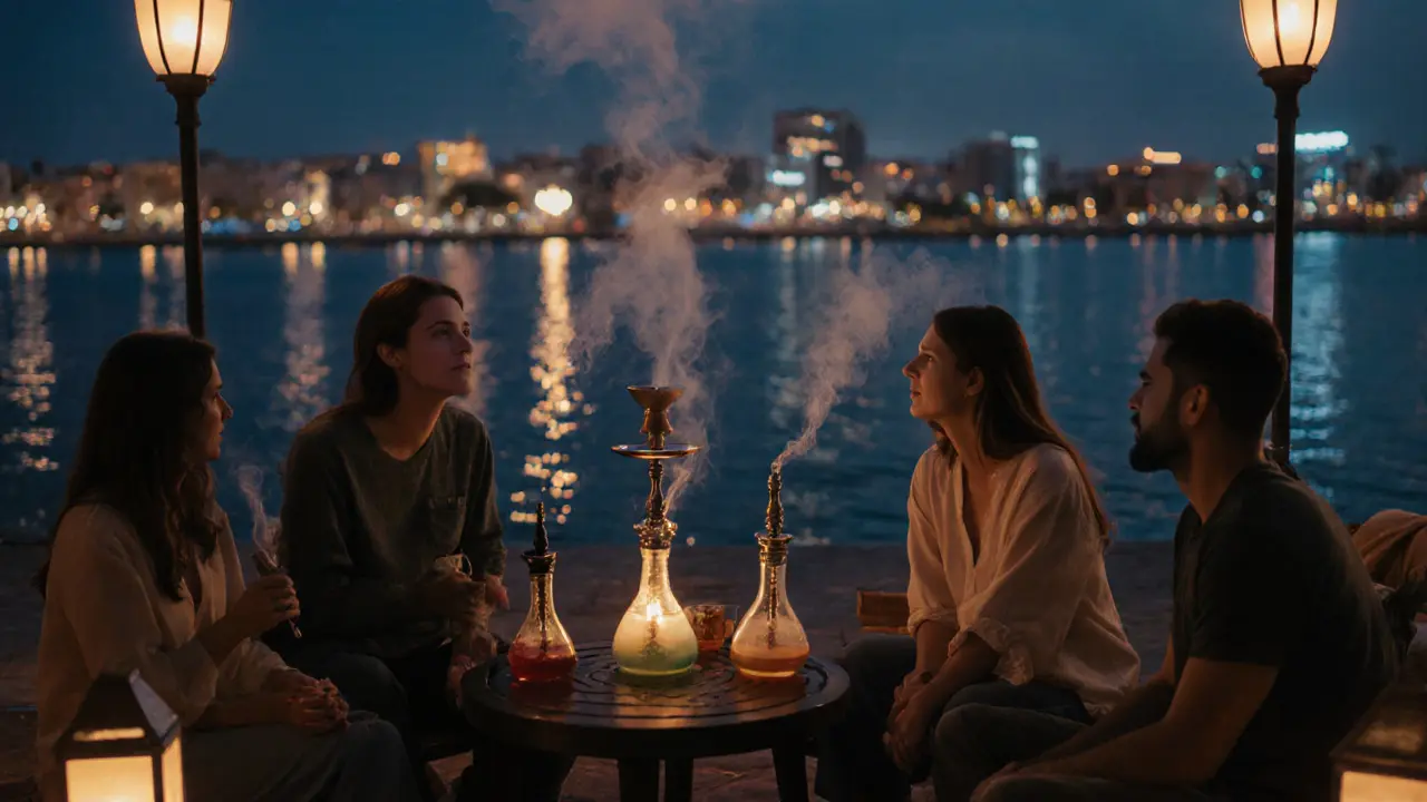 Friends enjoying shisha by the waterfront at night, city lights reflecting on calm water.