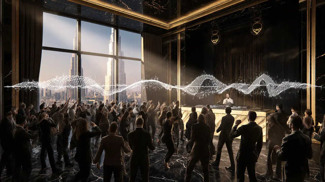 Glamorous Cavalli Club interior with crowd lost in music, gold accents, and Burj Khalifa in background.