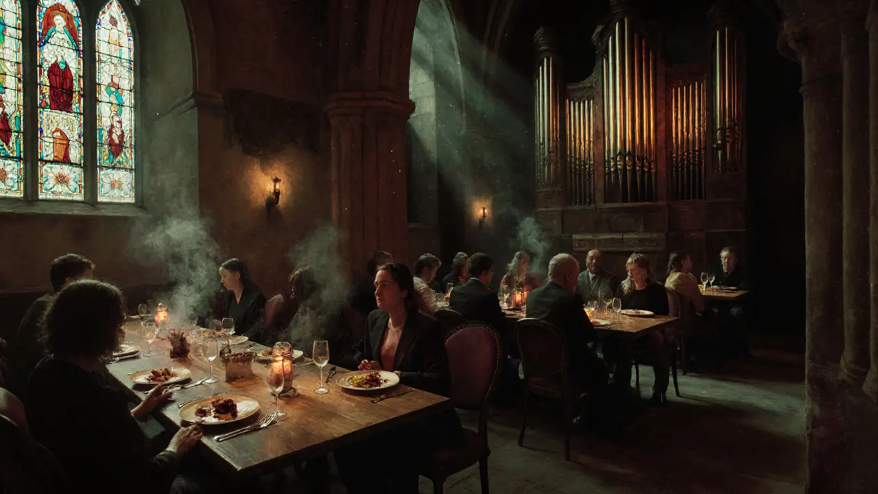 Guests dining in silence under glowing stained-glass windows in a repurposed church, steam rising from gourmet dishes.