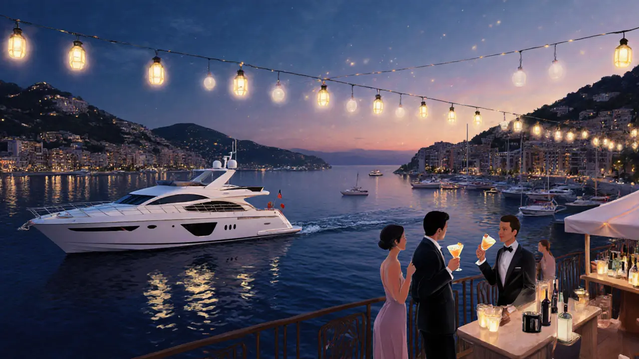 Harbor view at dusk with yachts and well-dressed guests enjoying drinks under twilight.