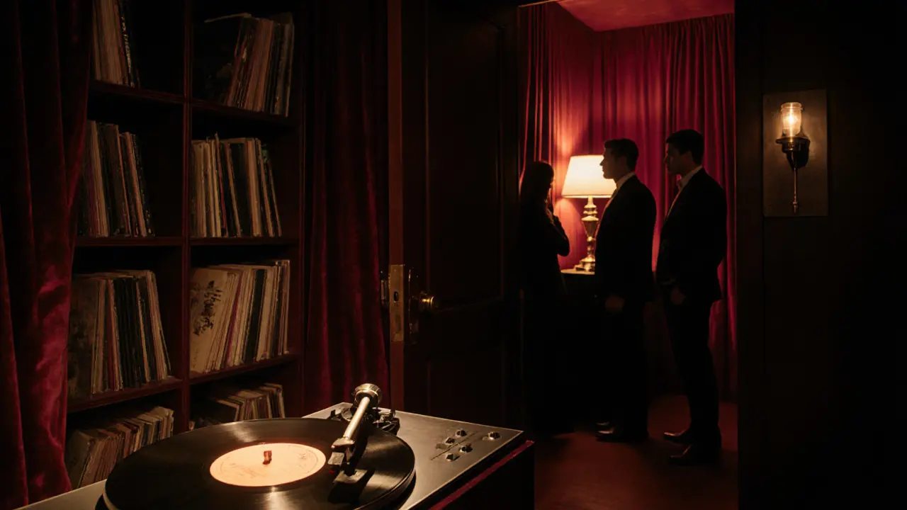 Hidden speakeasy with velvet drapes, vintage record player, and warm amber lighting in a dimly lit room.