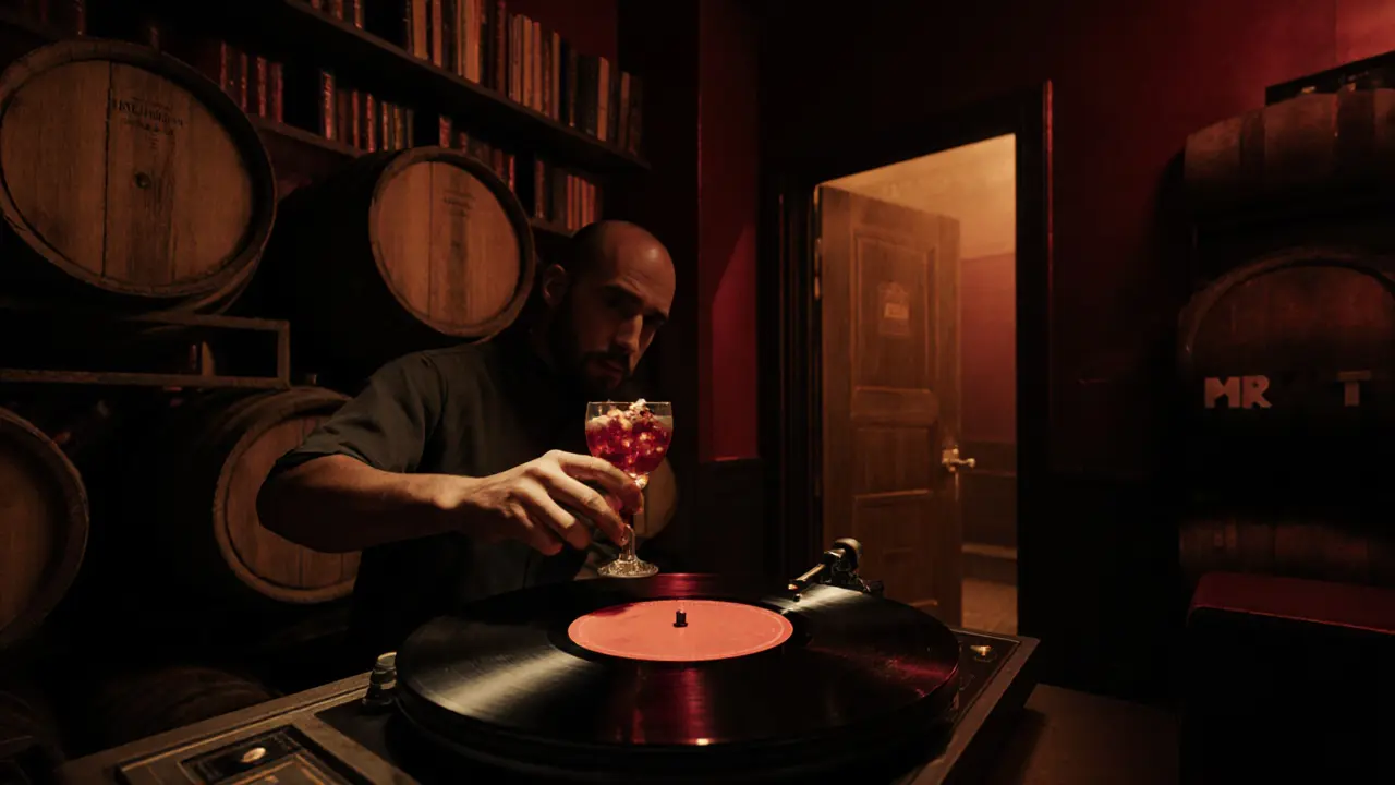 Hidden speakeasy with vinyl records, wooden shelves, and dim lighting for intimate cocktails.