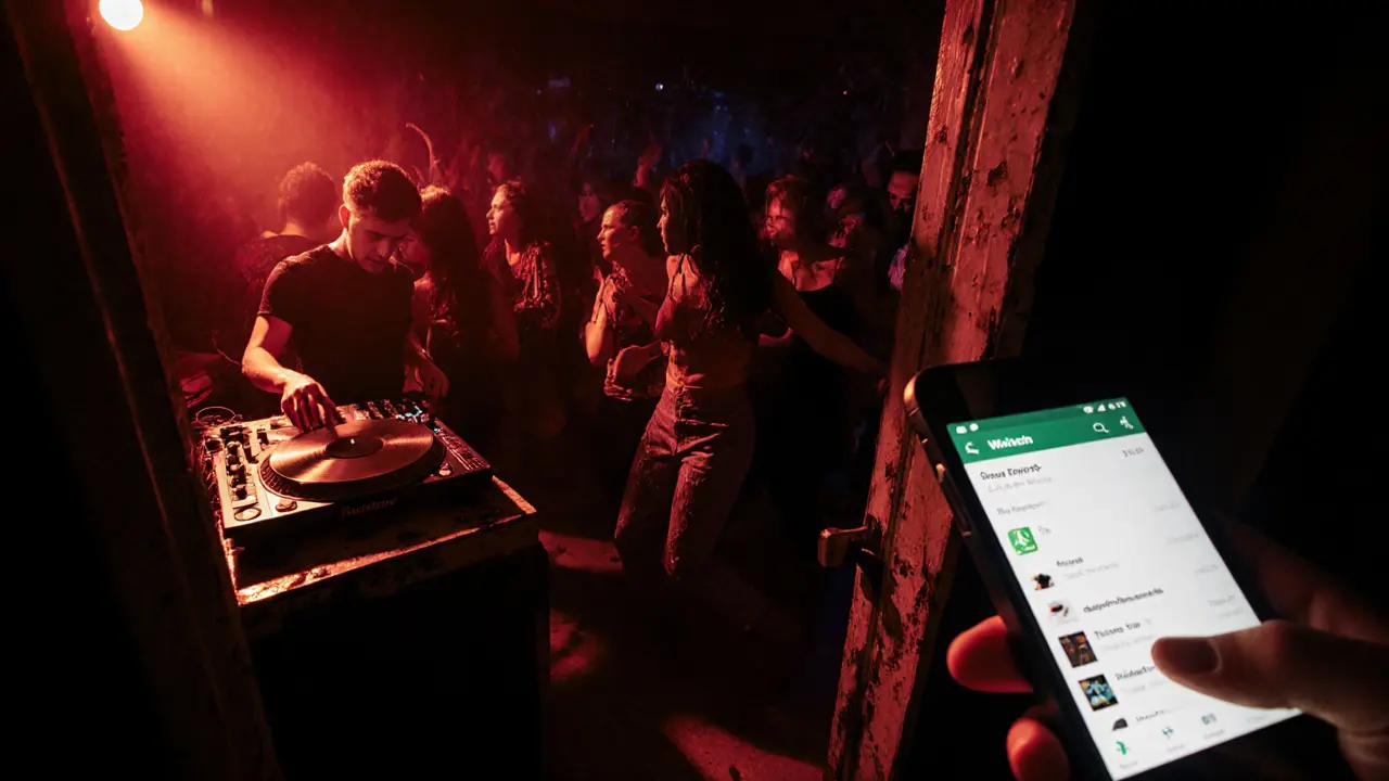 Hidden underground dance club with a vinyl DJ and energetic crowd under strobe lights, no signage visible.