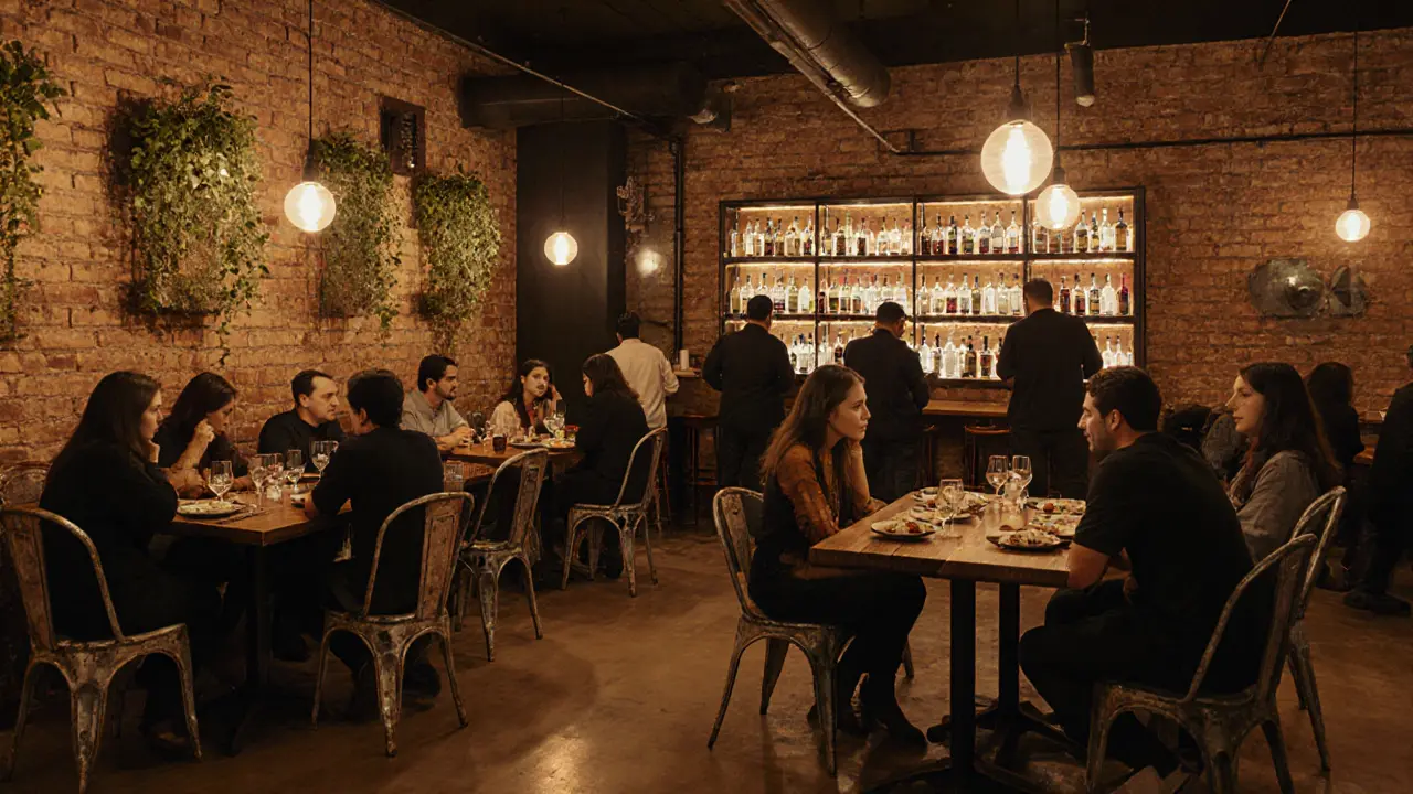 Industrial bar with vintage chairs, shared plates, and bottles of infused gin in warm lighting.