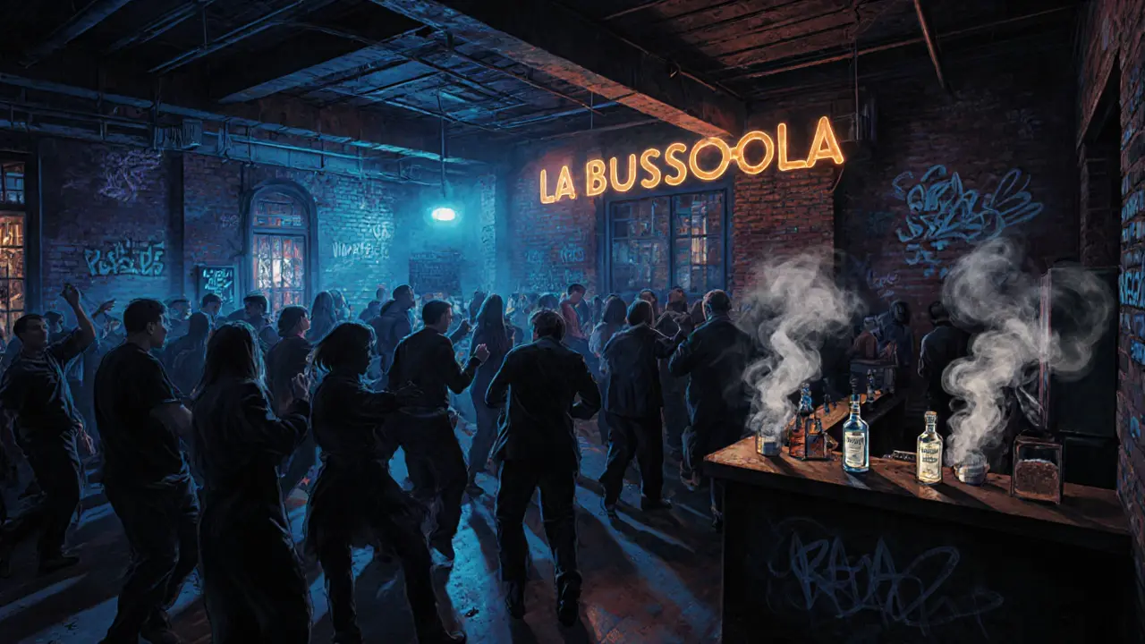 Industrial nightclub La Bussola with dim lighting and dancers under low ceilings.