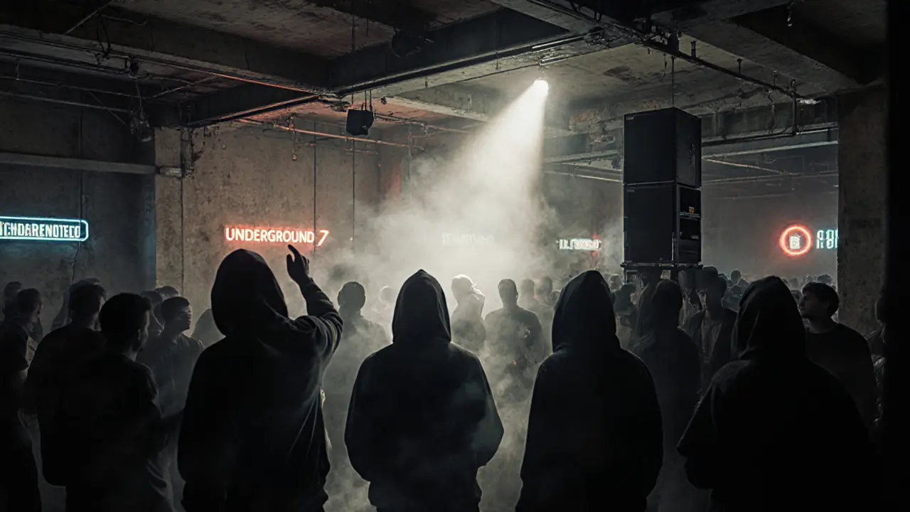 Industrial techno warehouse Underground 7 at midnight, concrete floors, smoke, and glowing synth equipment.