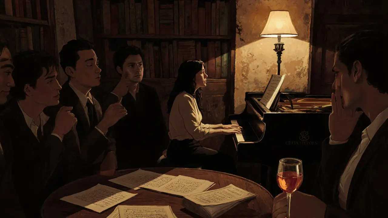 Intimate jazz bar with a singer at a piano, surrounded by quiet listeners in a dimly lit bookshop backroom.