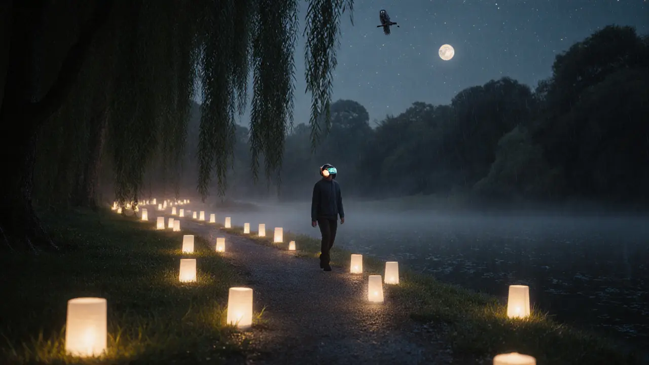 Lantern-lit path in Victoria Park at night with misty lake and owl in the trees.