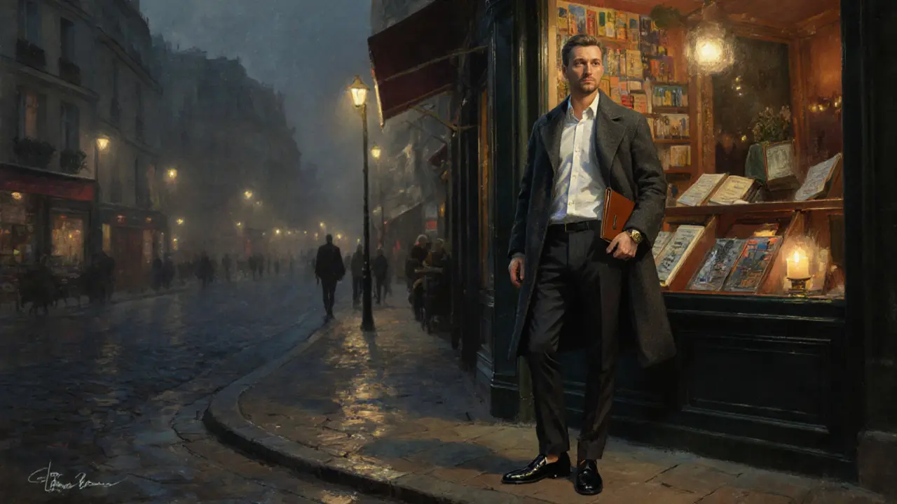Man in long overcoat and loafers pausing by a bookstore in Saint-Germain-des-Prés at night.