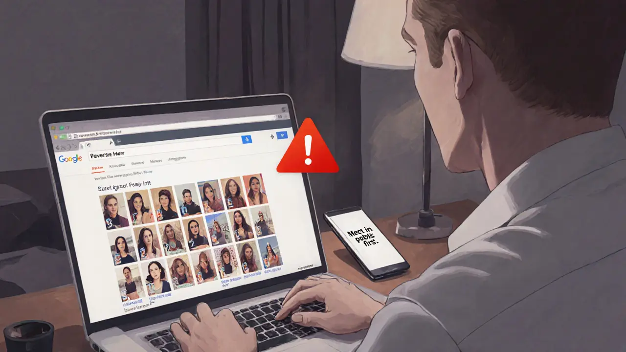 Man reviewing fake escort profiles on a laptop using reverse image search.