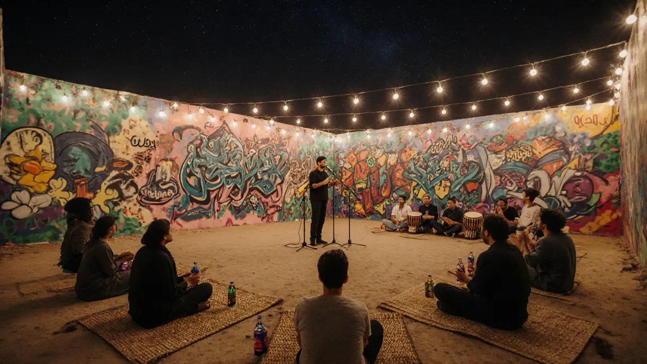 Open-air night event with people on rugs, musicians playing, and vibrant graffiti under stars.
