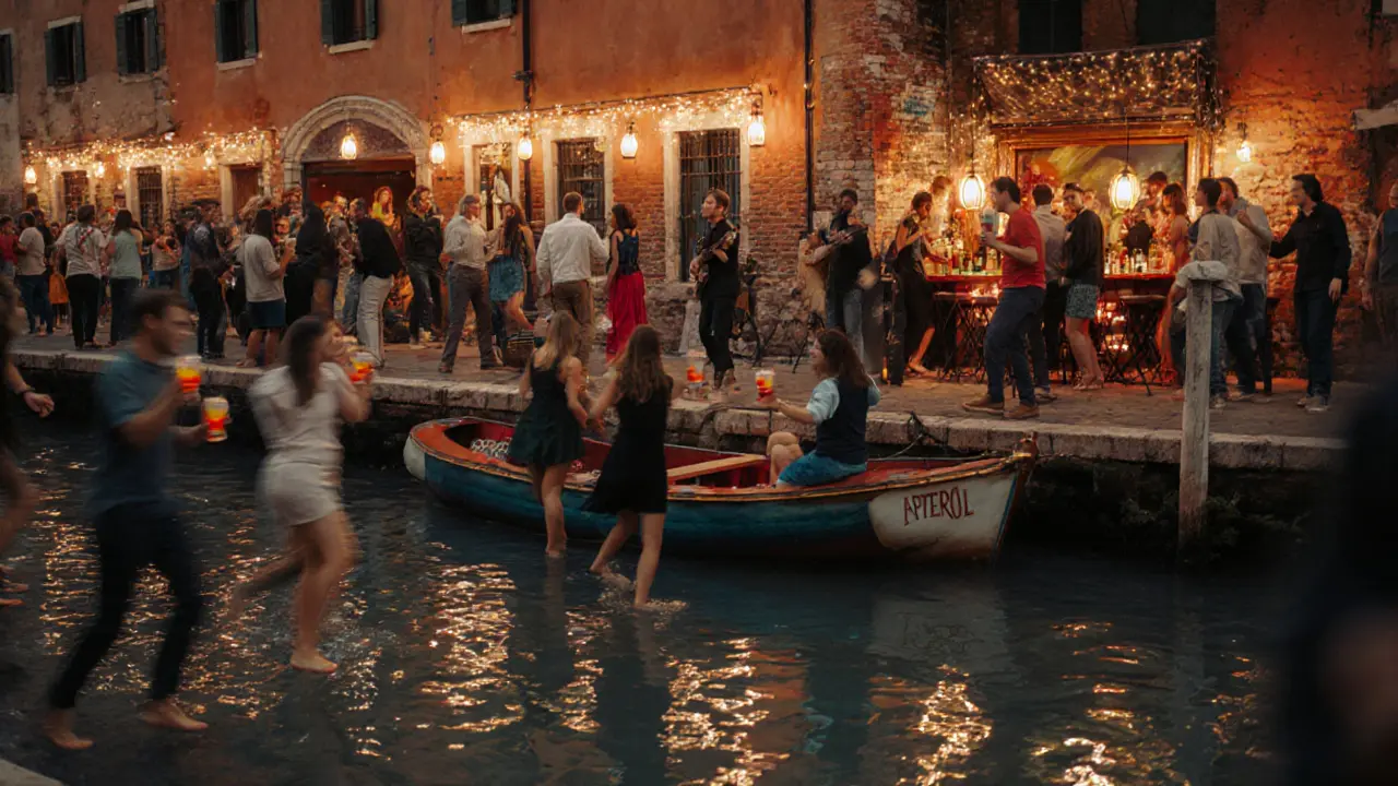People dancing along Navigli canal under string lights with boats serving drinks.