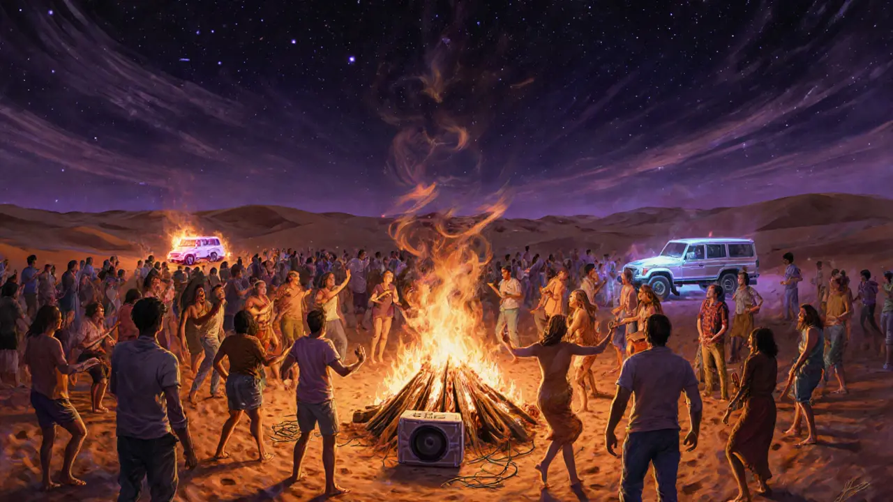 People dancing barefoot around bonfires in a desert under a starry sky, with LED-lit vehicles in the distance.