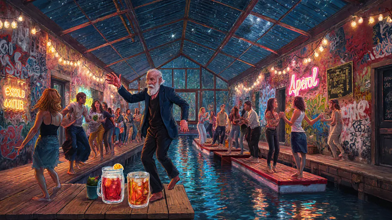 People dancing under a glass greenhouse at Navigli, with canal reflections and string lights.