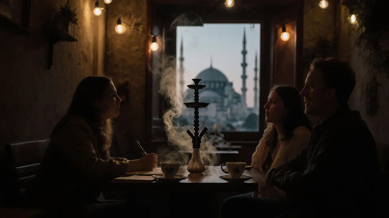 Quiet hookah lounge at dawn with smoke, tea, and soft light as strangers share a peaceful moment.