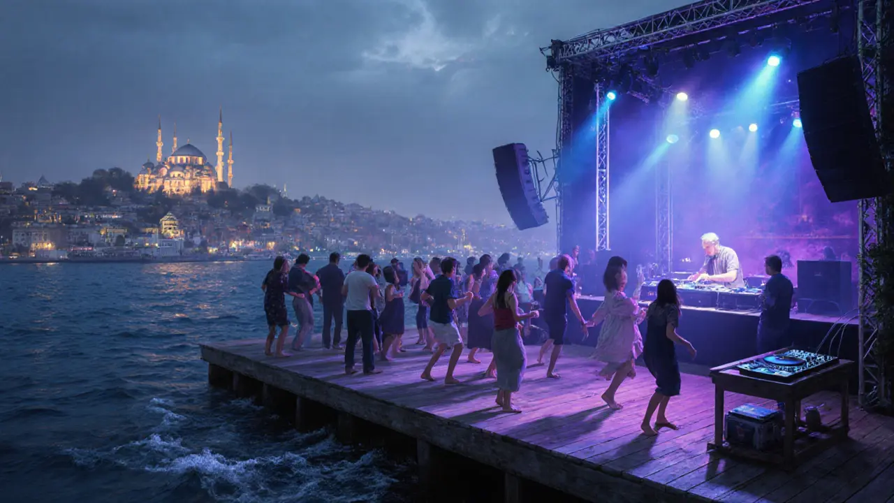 Reina nightclub on the Bosphorus with dancers, live DJs, and Istanbul&#039;s skyline reflecting on the water.