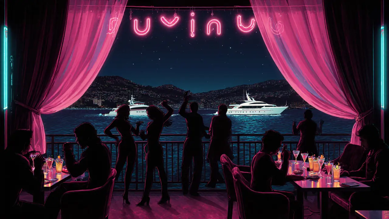 Reina nightclub terrace dancing under neon lights with Bosphorus yachts in the background.