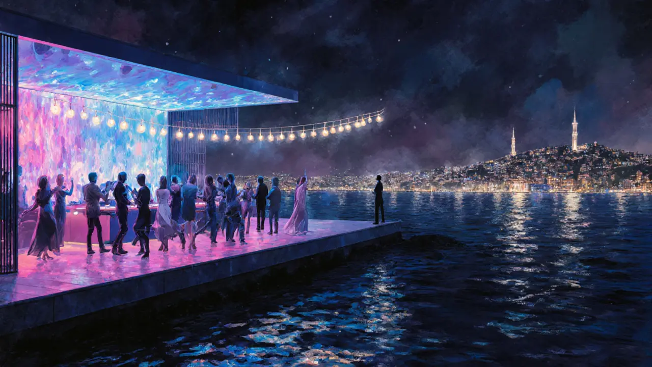 Reina nightclub terrace overlooking the Bosphorus with lit guests and city skyline.
