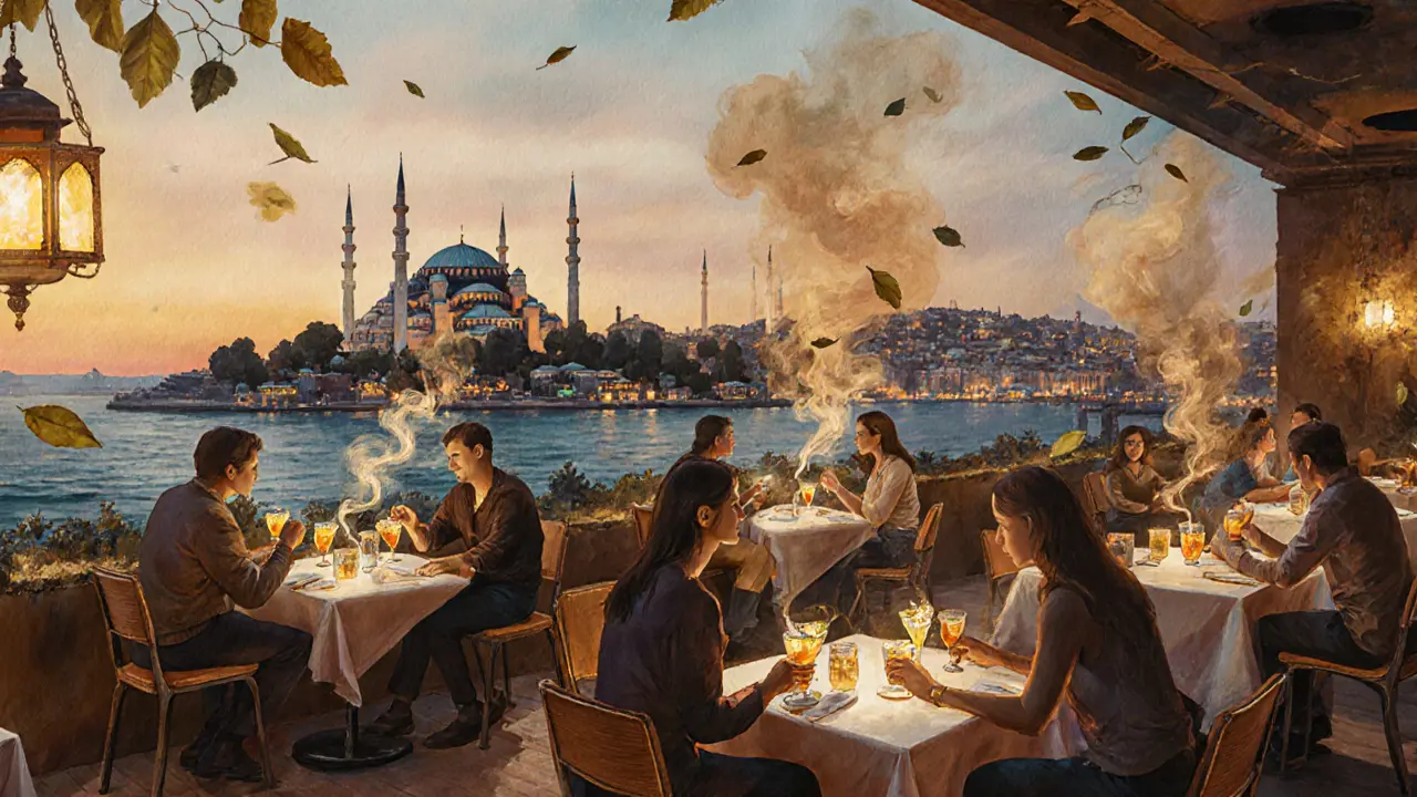 Rooftop bar Asmâ at twilight with historic mosques glowing in golden light and patrons enjoying cocktails.