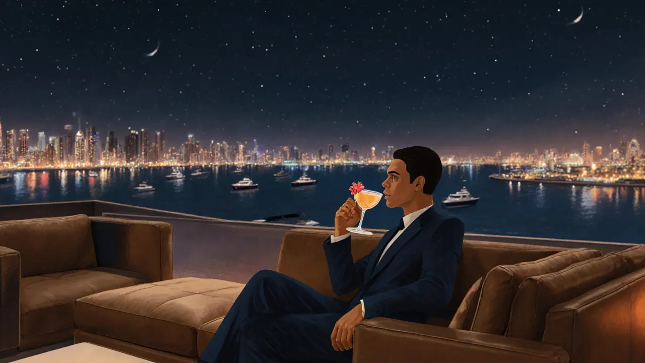 Rooftop bar with leather sofas and panoramic views of Abu Dhabi&#039;s skyline at night.