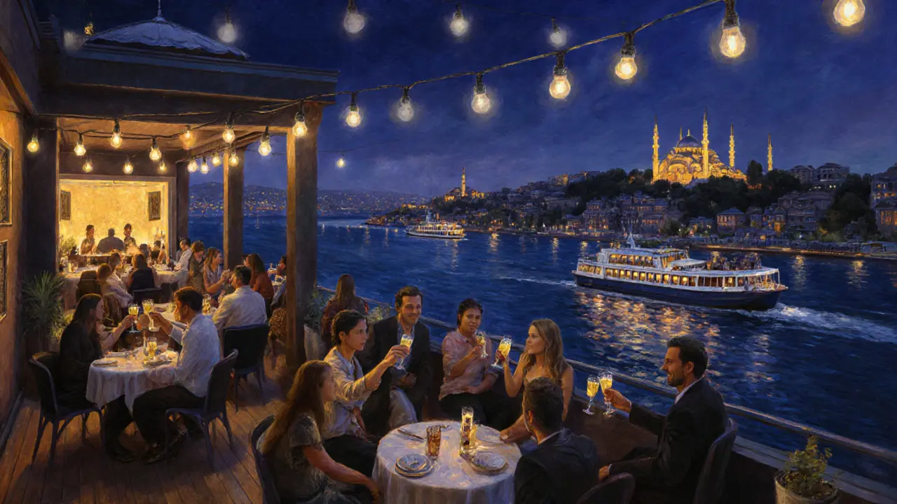 Rooftop lounge at Reina overlooking the illuminated Bosphorus with guests drinking cocktails at midnight.