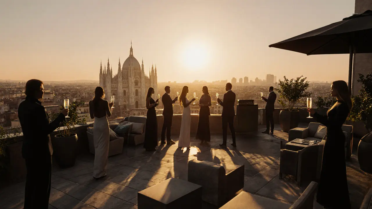Rooftop terrace in Milan at sunset with guests enjoying Prosecco against a glowing city skyline.