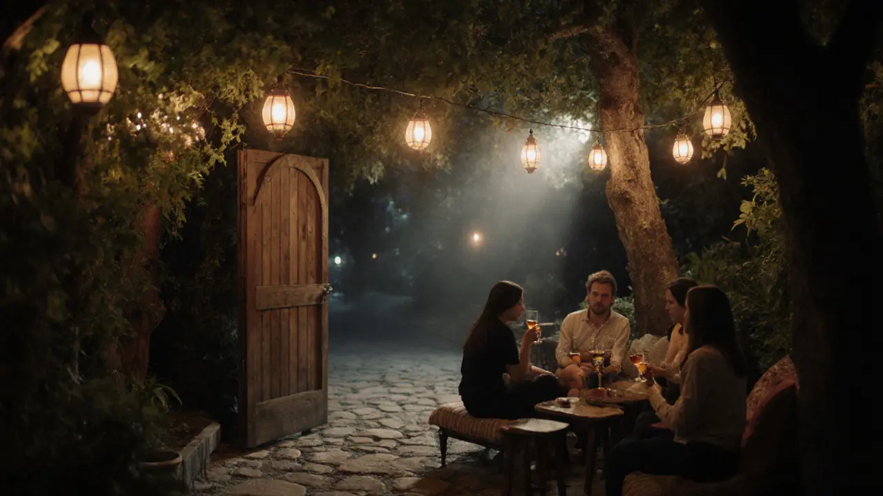 Secret garden bar with lanterns and cushions, guests drinking fruit wine under trees at midnight.