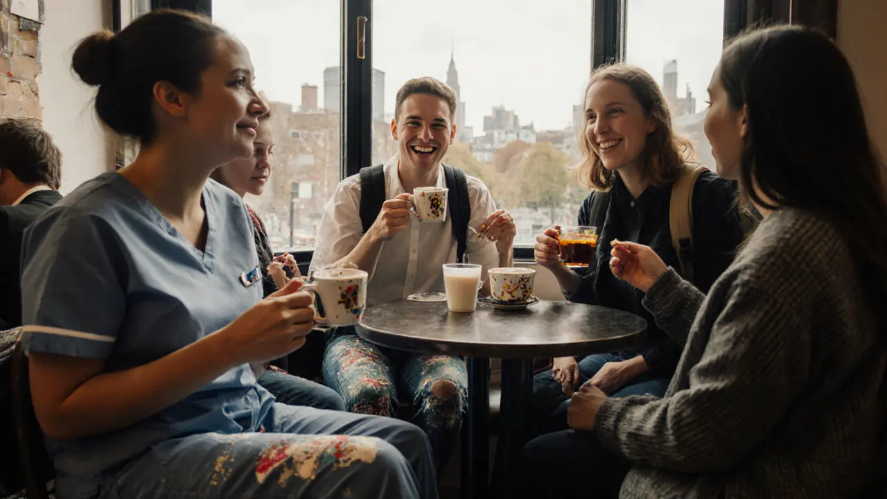 Three professionals in a cozy café, representing the diverse, empowered individuals working as escorts in London.
