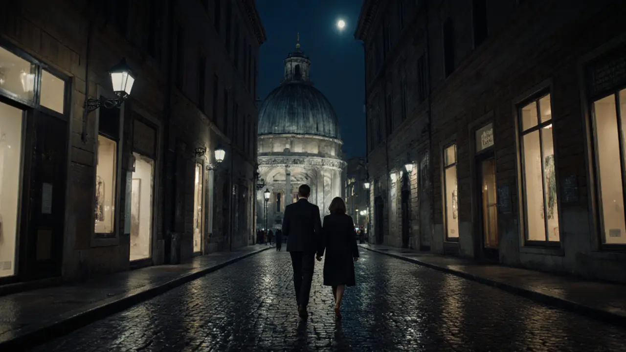 Two people walking silently through Brera’s cobblestone streets at night.