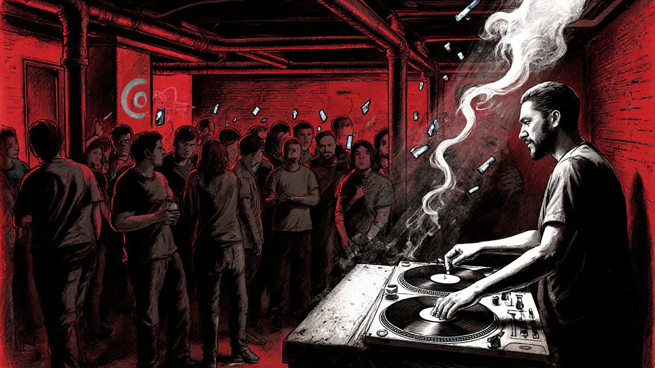 Underground club Bar 66 with dim red lighting, crowd dancing to techno, and vinyl spinning in a damp basement.
