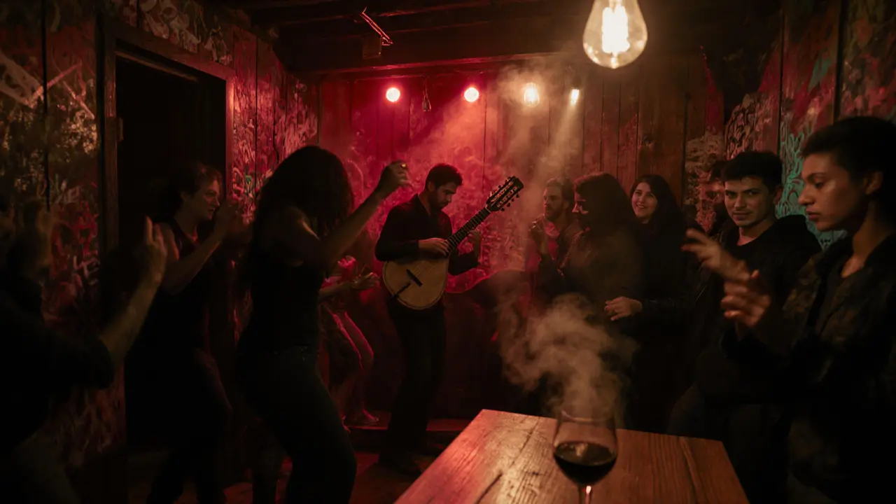 Underground club in Kadıköy with a musician playing bağlama, dim red lights, and a crowd dancing closely.