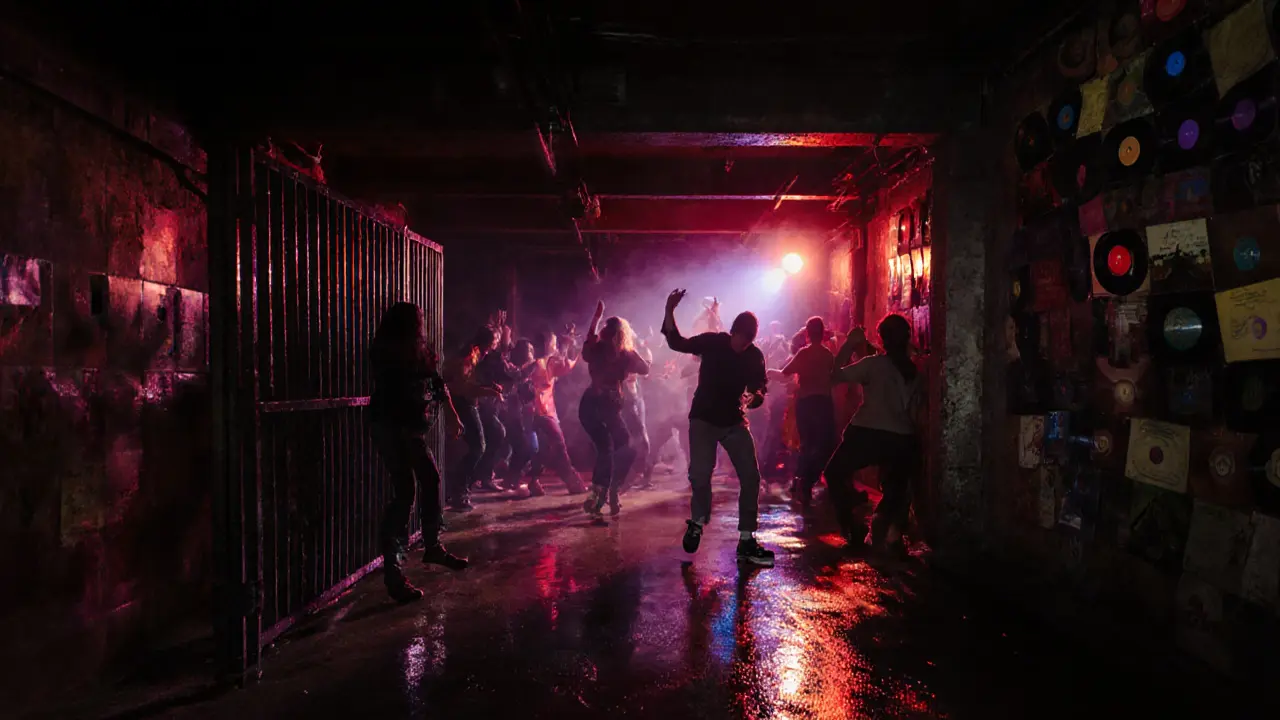 Underground La Bodega club with strobing lights, wet floor, and dancers lost in 80s Italian disco energy.