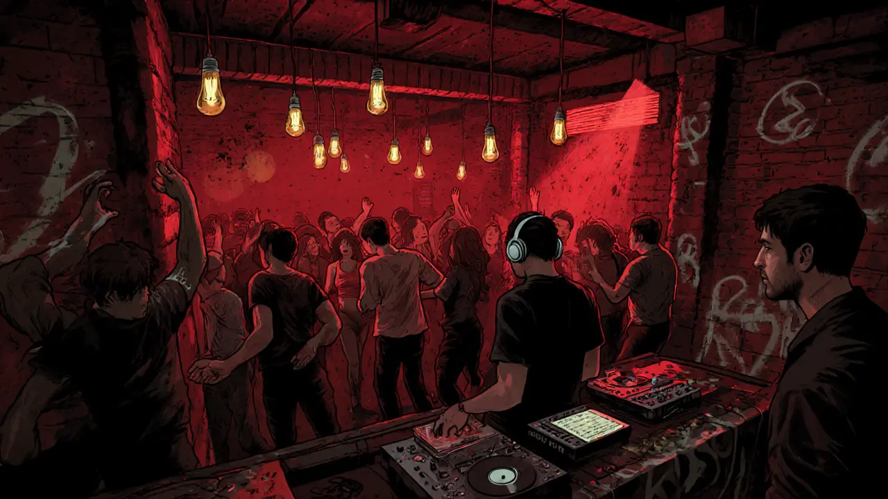Underground warehouse club in Karaköy with industrial vibe and pulsing dance crowd.
