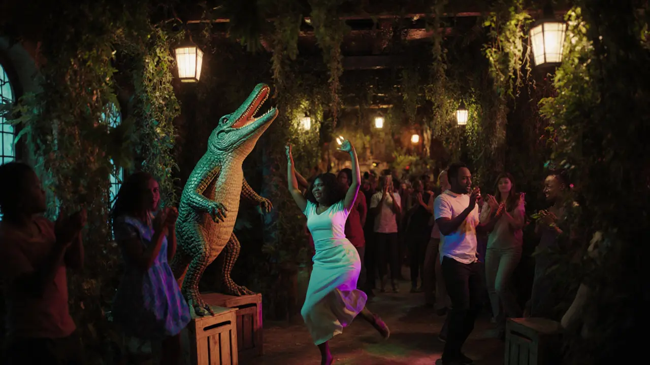 Vibrant jungle-themed bar with dancing crowd, lanterns, and a crocodile sculpture.
