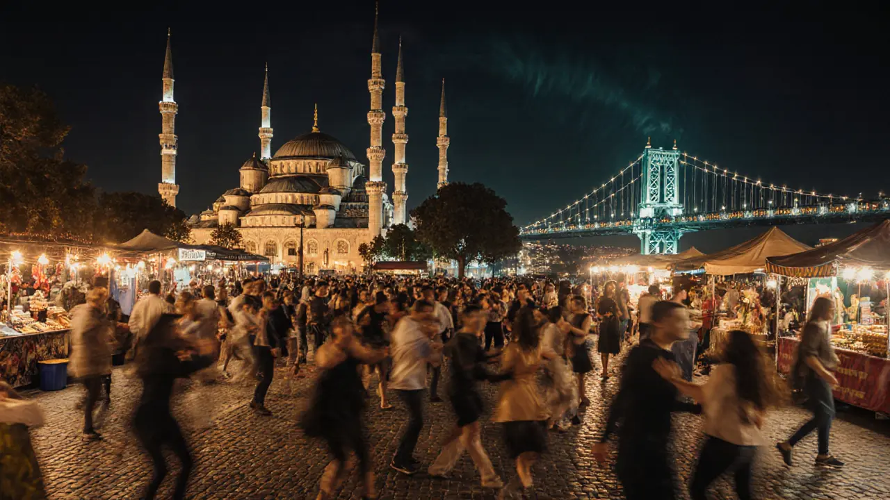 Vibrant street party in Ortaköy Square with mosque backdrop, people dancing under string lights by the water.