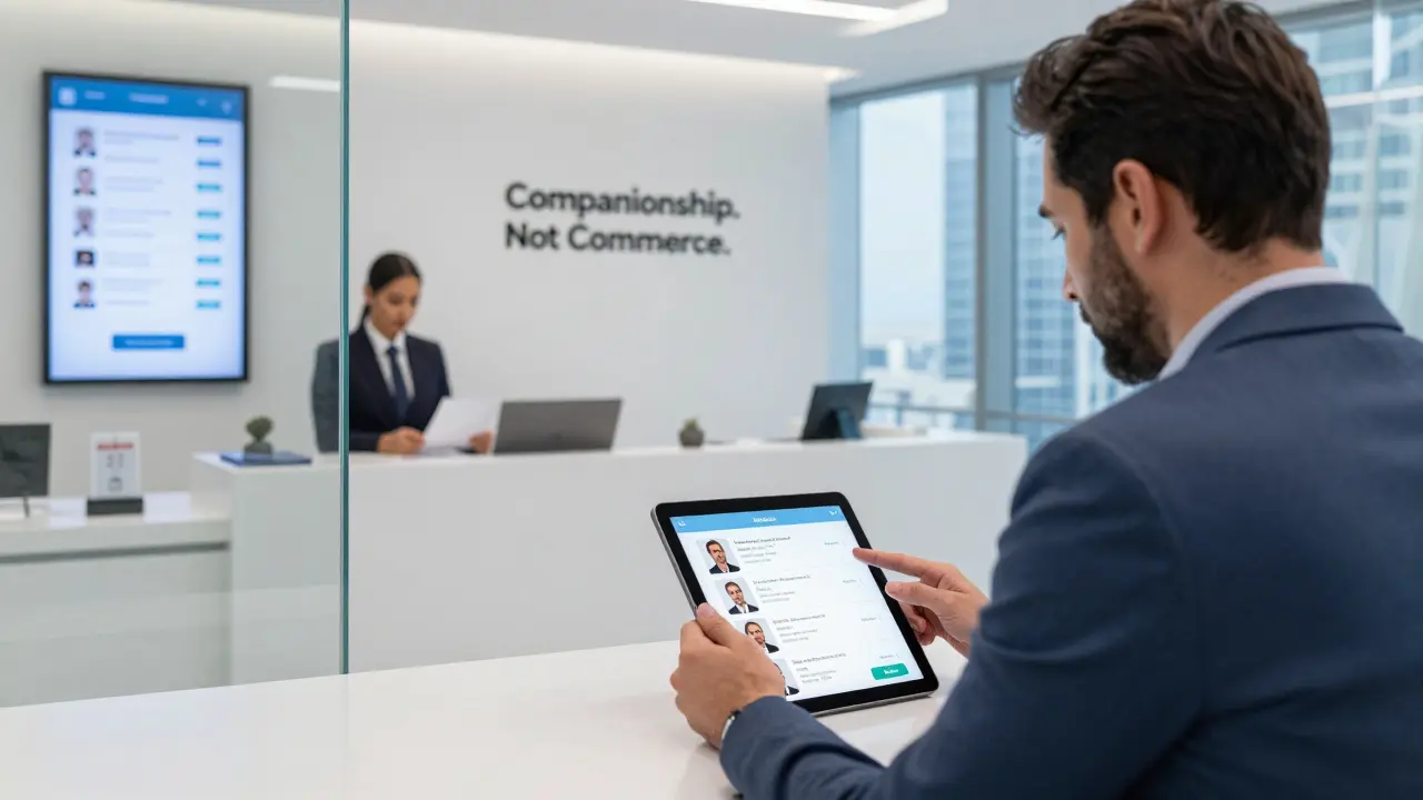 A client reviewing verified companion profiles in a secure agency office in Abu Dhabi.