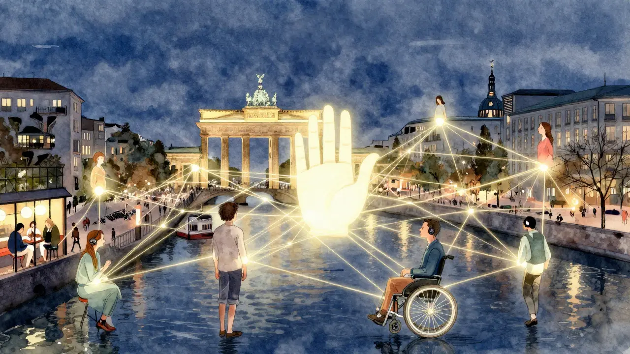 A conceptual map of Berlin showing isolated individuals connected by golden threads of companionship.