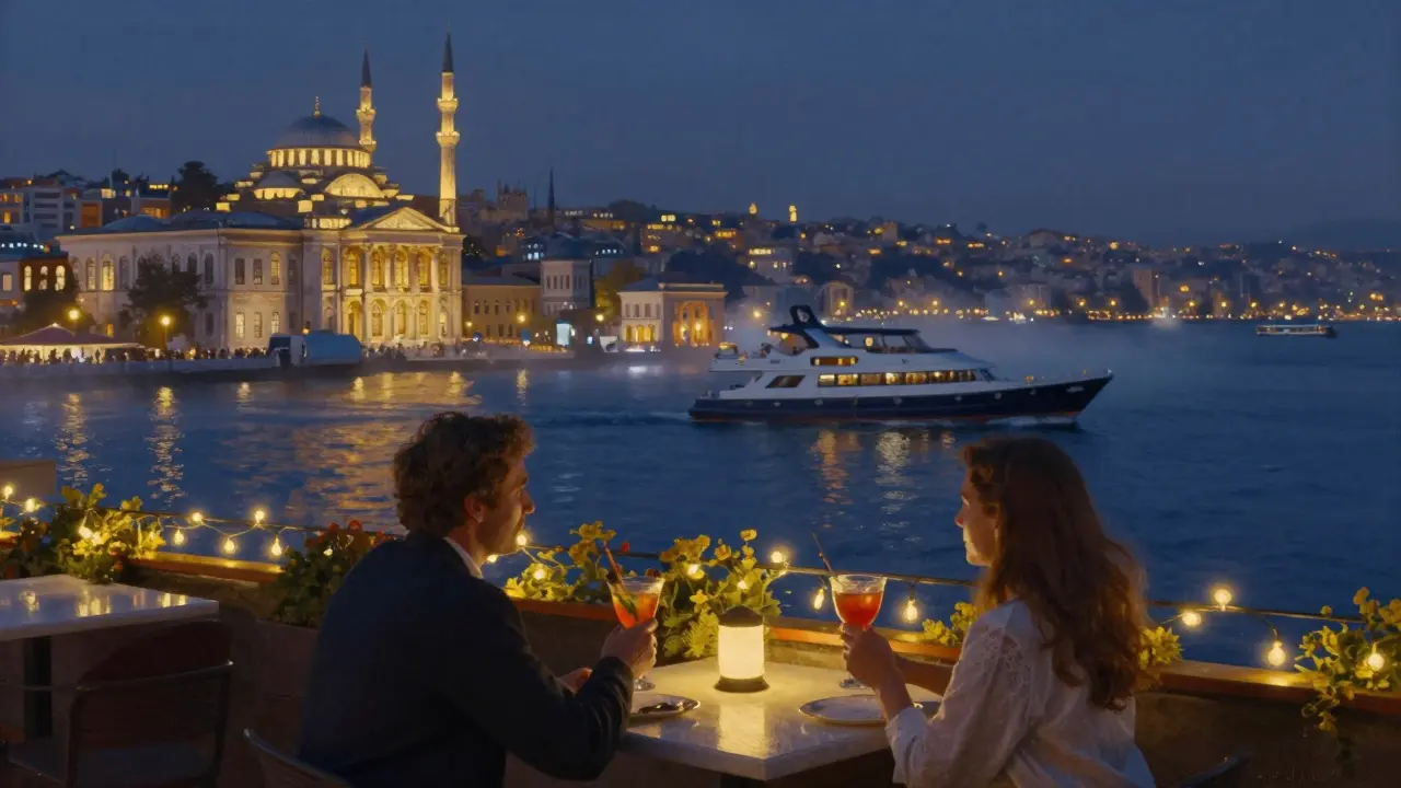 A couple enjoying cocktails on a luxury rooftop terrace with the Bosphorus and illuminated palace in the background.
