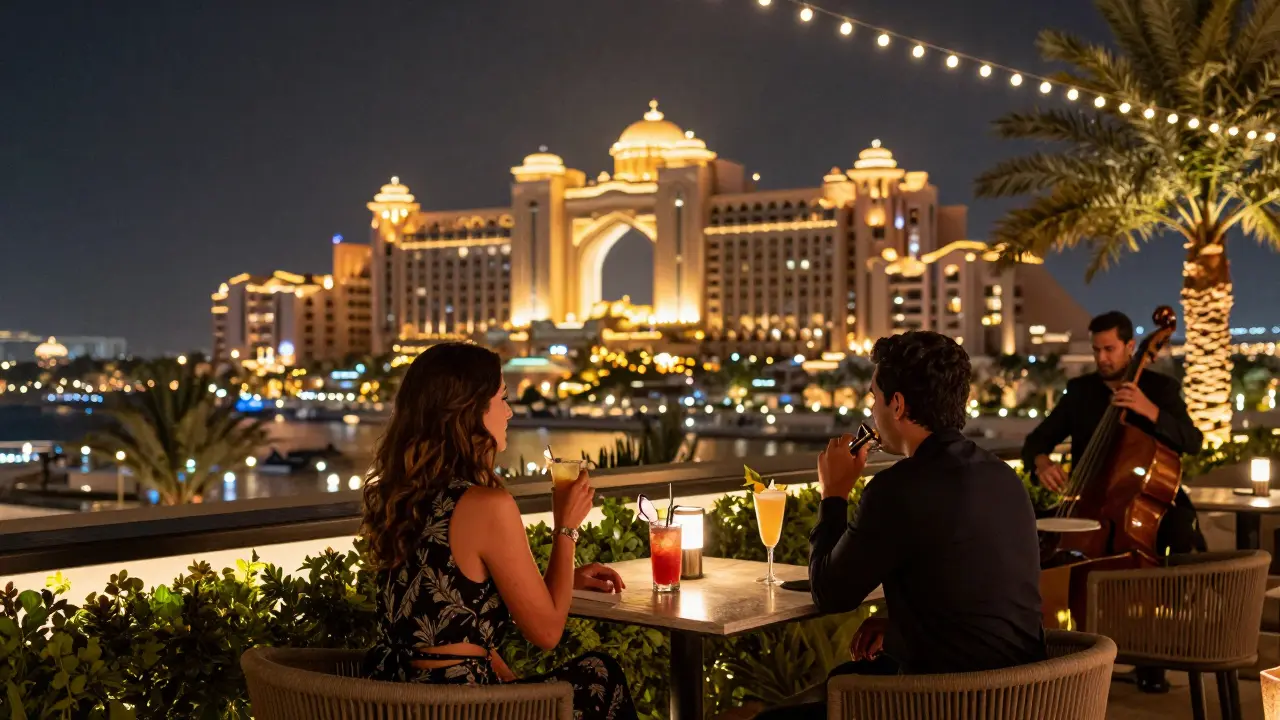 A couple on a rooftop bar overlooking the Emirates Palace, soft lights and jazz in the background.