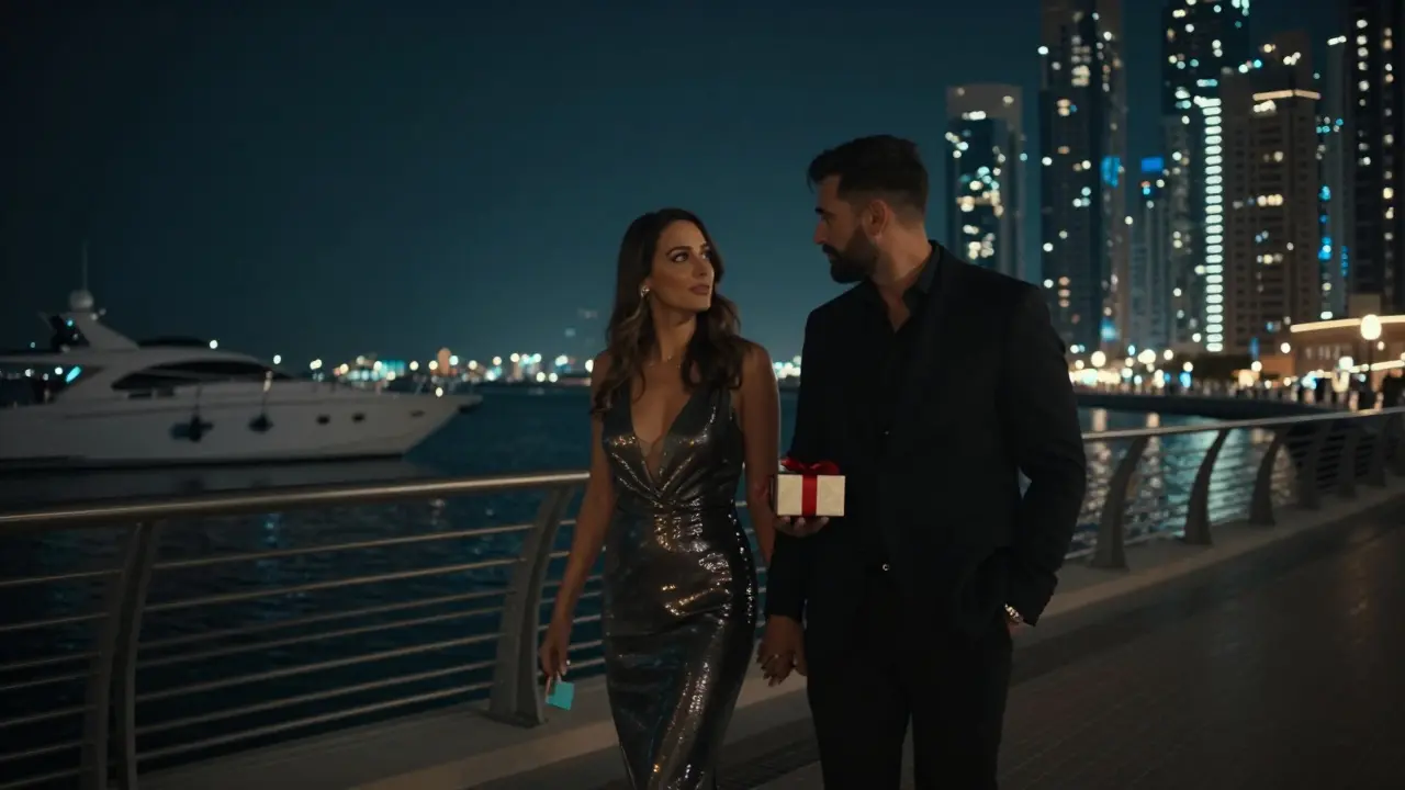 A couple walks along the glittering Dubai Marina at night, a gift box in hand.