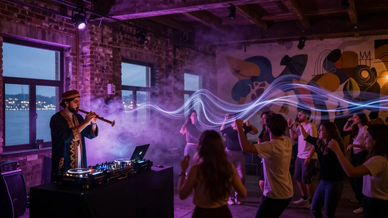 A crowd dancing in a warehouse club where a traditional ney flute blends with electronic music under moody colored lights.
